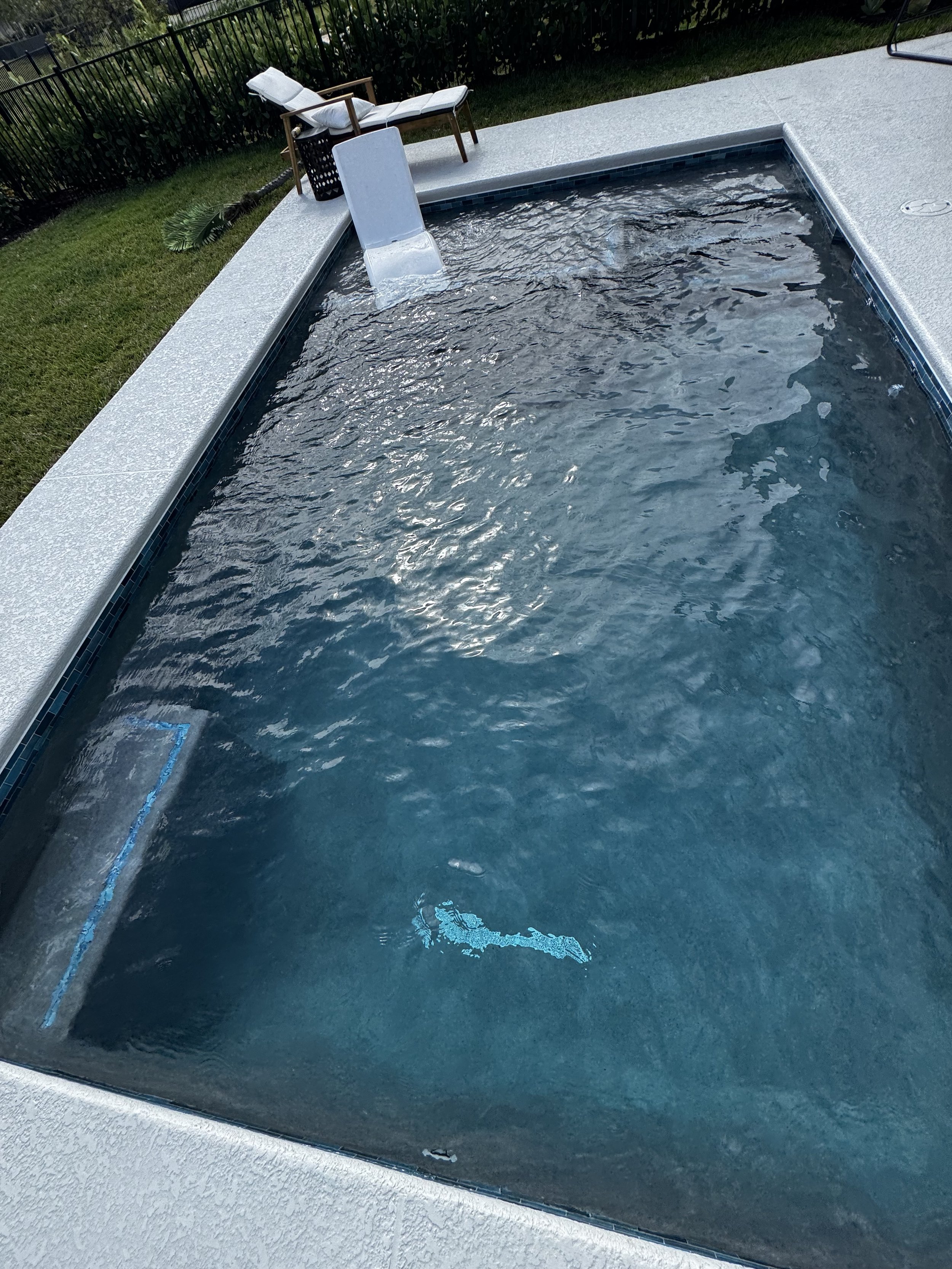 A rectangular swimming pool with water, surrounded by a concrete deck, on a grassy backyard with lounge chairs and a fence in the background.