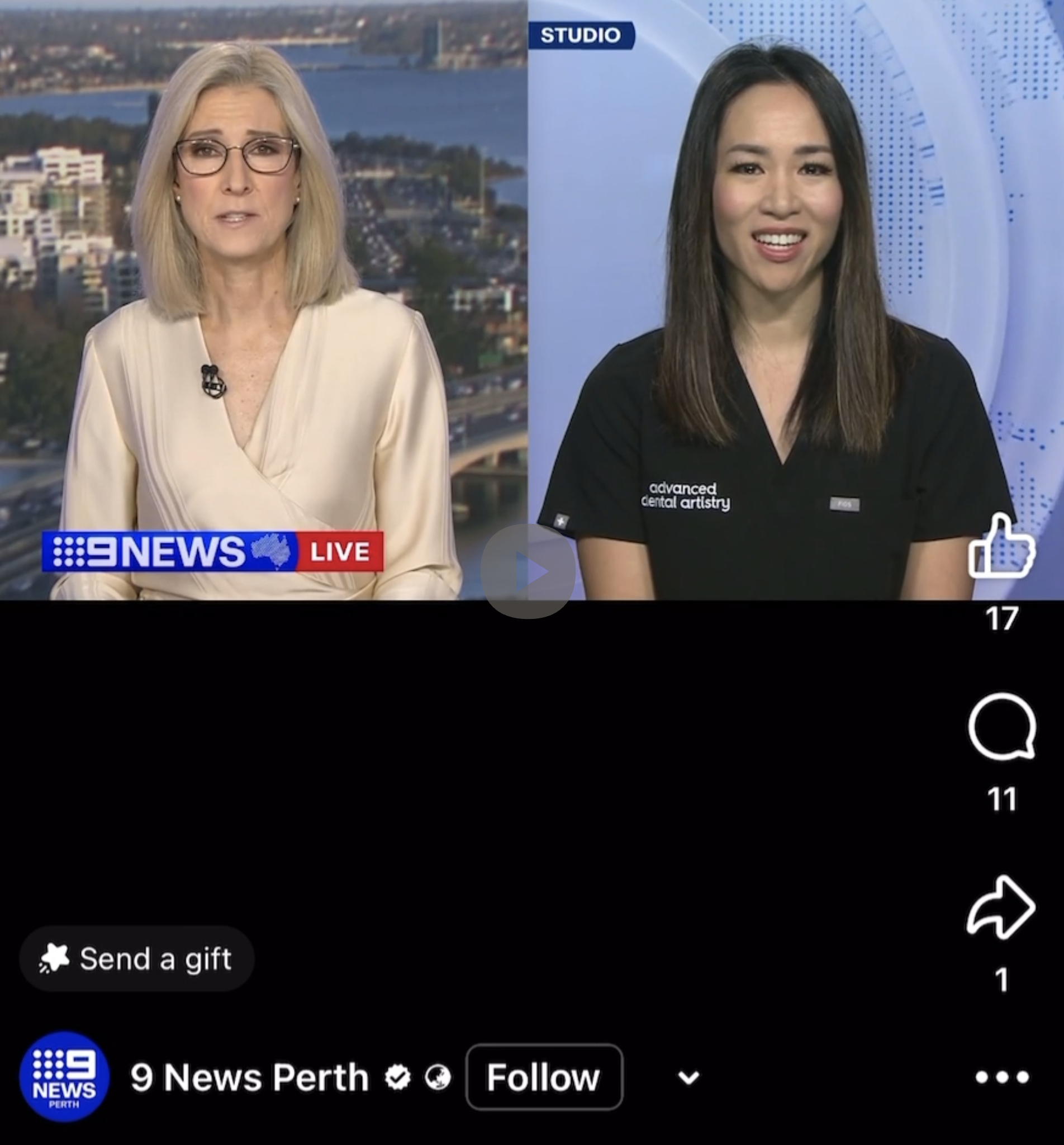 A screenshot of a news broadcast featuring two women. The woman on the left has blonde hair and is wearing glasses and a cream-colored blouse, with a cityscape in the background. The woman on the right has long dark hair and is wearing a black uniform with the logo 'advanced dental artistry,' and a blue, dotted background behind her. The news banner at the bottom reads '9 NEWS' with a red 'LIVE' indicator.