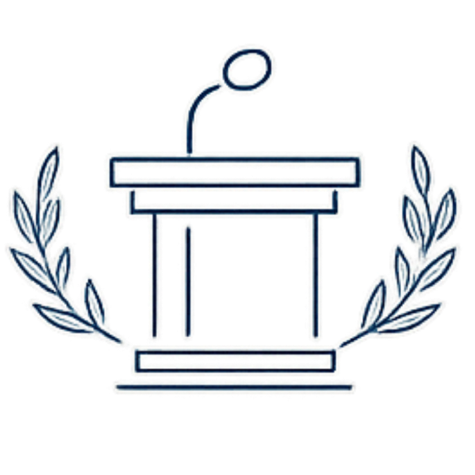 A stylized illustration of a podium with a microphone on top, flanked by laurel branches, symbolizing an award or achievement.