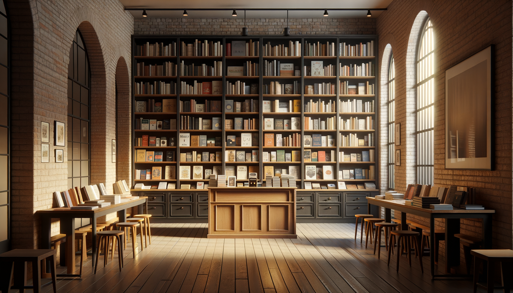 Interior of a modern library or bookstore with tall bookshelves filled with books, large arched windows letting in natural light, wooden floors, and tables with chairs on either side.