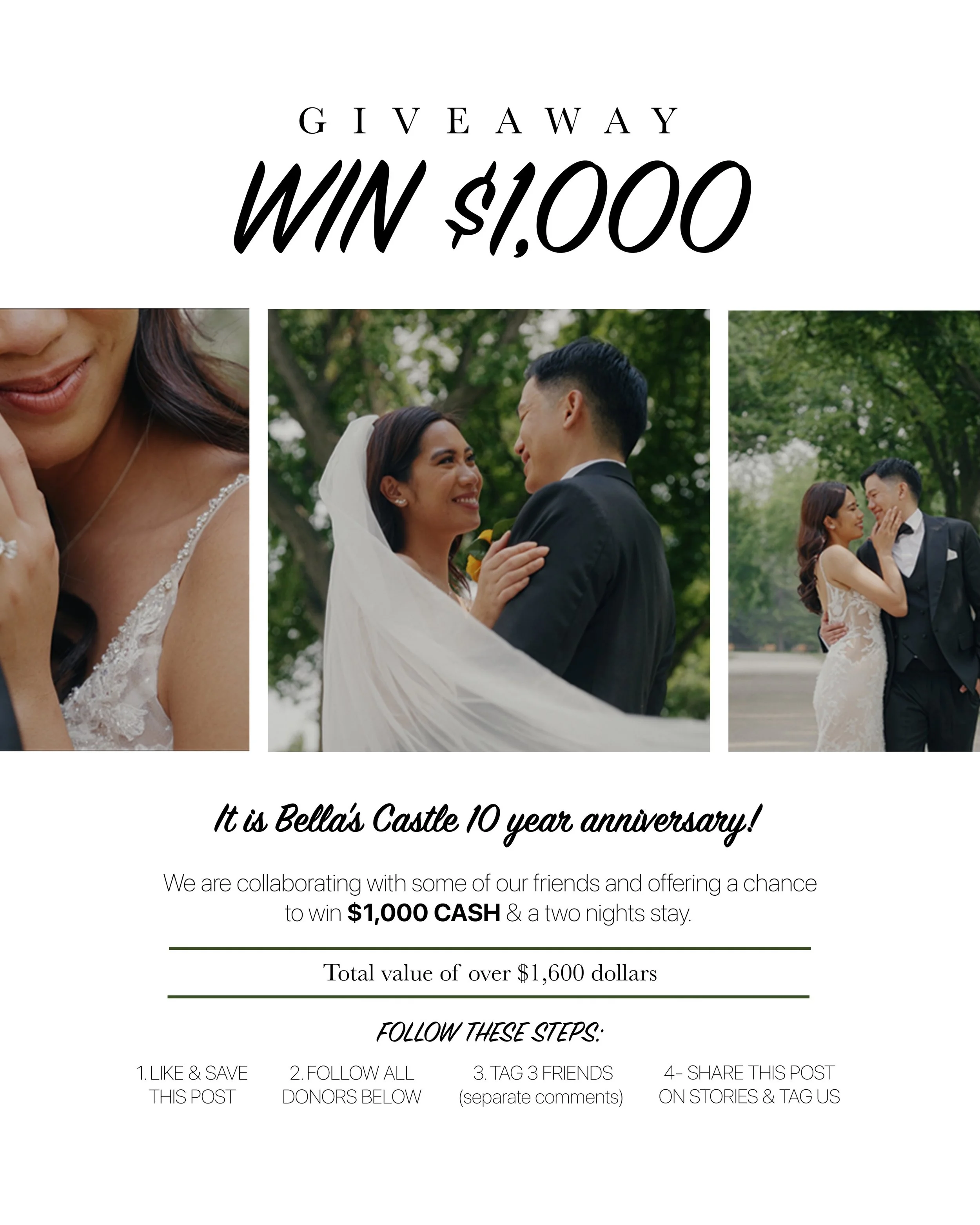 GIVEAWAY: WIN $1,000 CASH!

To celebrate, we&rsquo;ve teamed up with some amazing local businesses to give away an incredible prize package worth over $1,600!

✨ WIN:
💵 $1,000 CASH
🏰 2-Night Stay at Bella&rsquo;s Castle

HOW TO ENTER:

1️⃣ Like &am