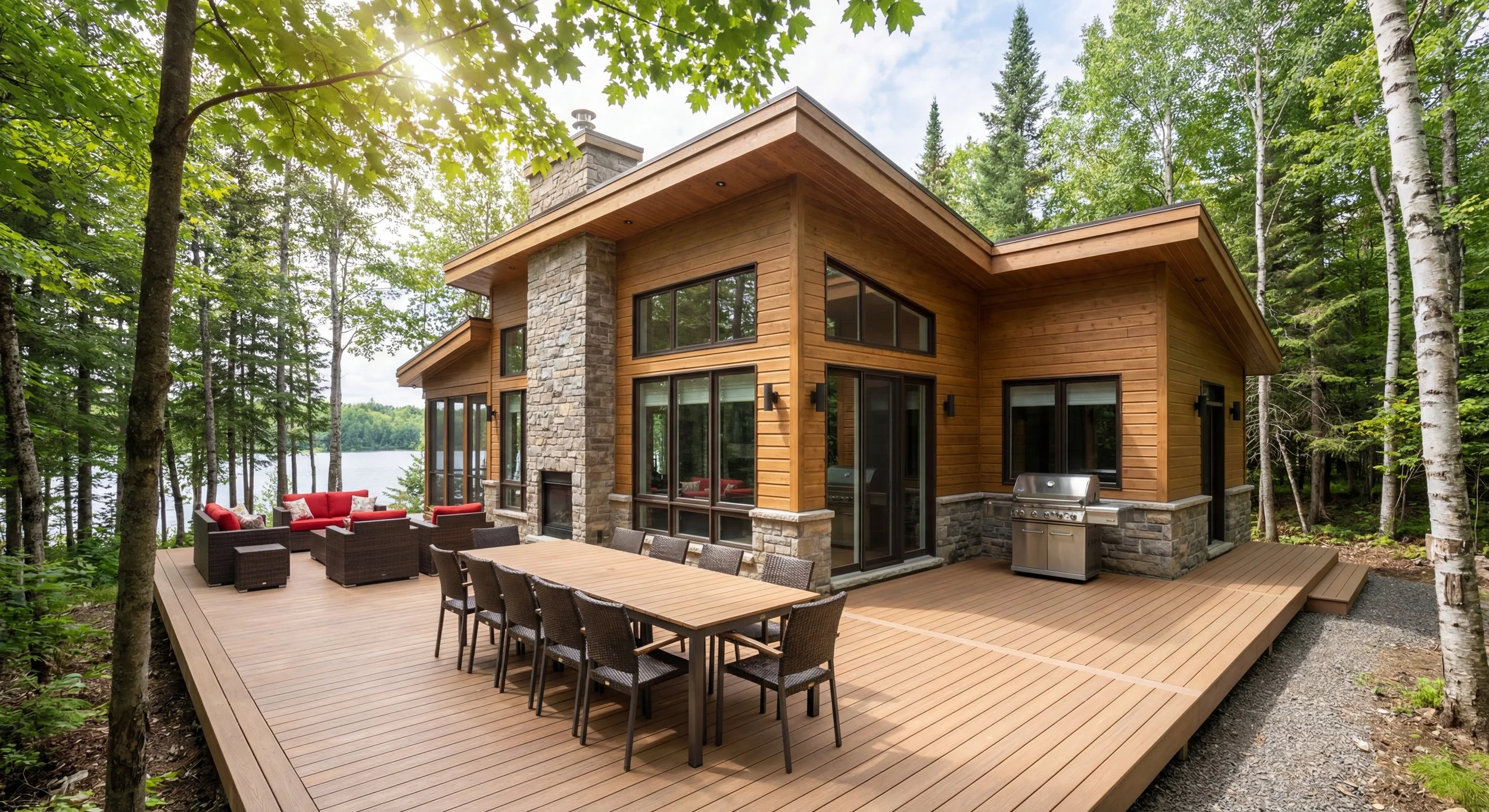 Maison en bois avec grande terrasse en bois, entourée d'arbres, avec meubles de jardin et barbecue.