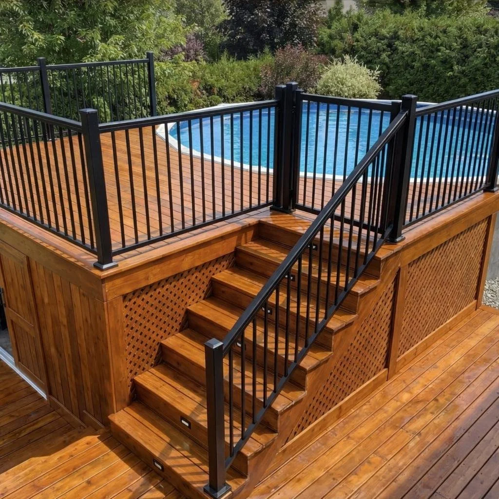  Terrasse en bois avec une piscine hors sol entourée d'une barrière en métal noir, avec des escaliers en bois menant à la zone de baignade, et un jardin luxuriant en arrière-plan.