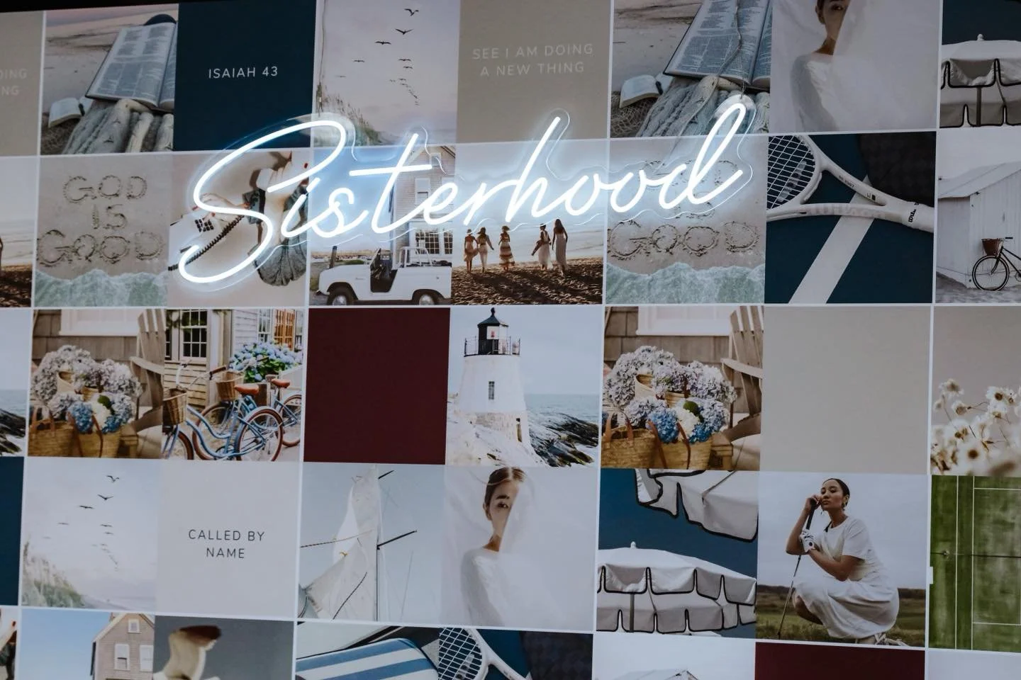 A collage of summer and beach scenes with a neon sign that says "Sisterhood" in the center.