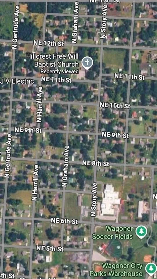 Map of a neighborhood with streets labeled, showing Hillcrest Free Will Baptist Church, Wagoner Soccer Fields, Teague School, and Wagoner City Parks.