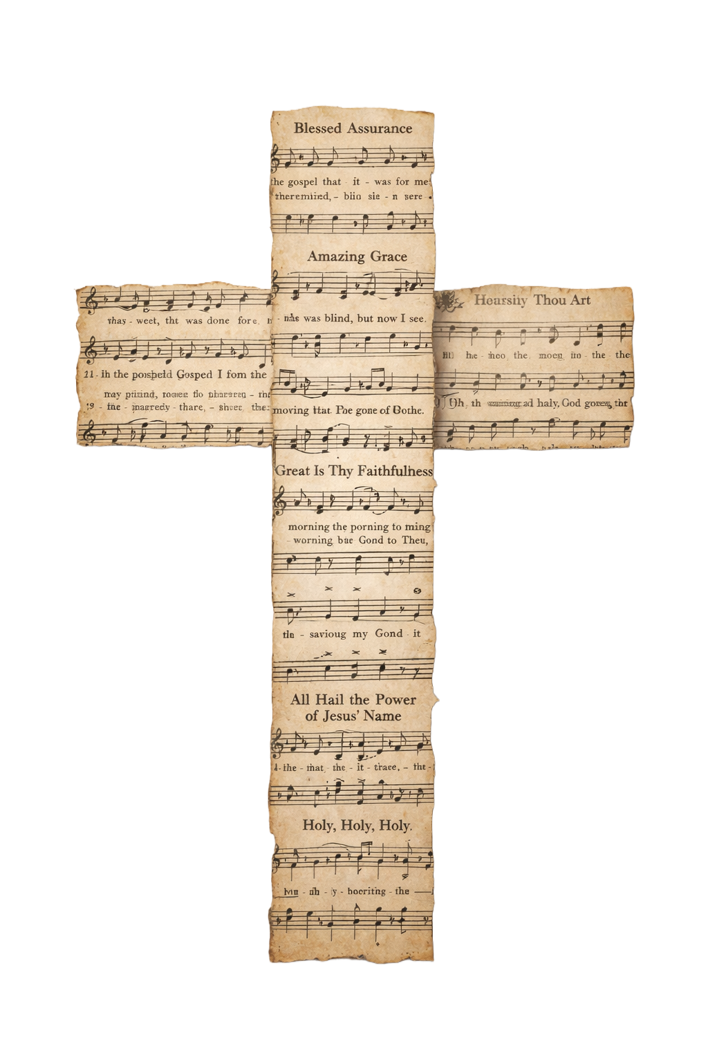 Collection of old, torn sheet music and hymn lyrics on a stained paper background.