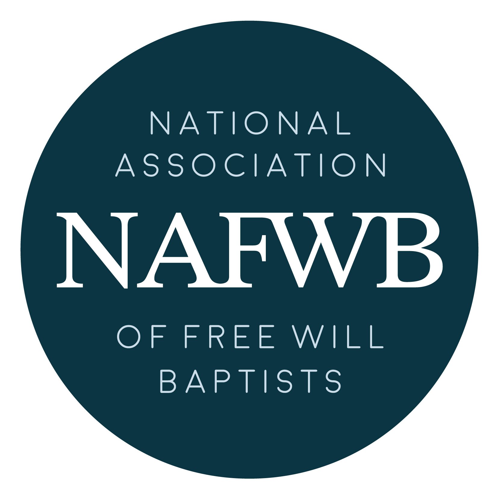 Logo of the National Association of Free Will Baptists, featuring a dark blue circle with white text.