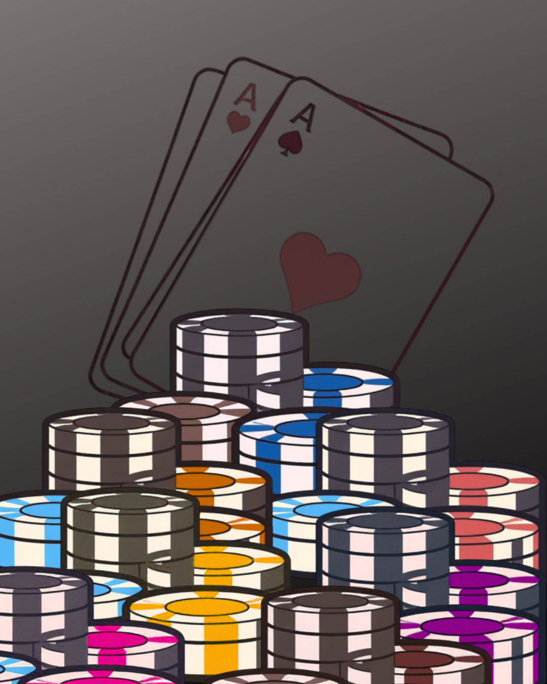 Stack of poker chips with a royal flush of aces and a large red heart playing card in the background.