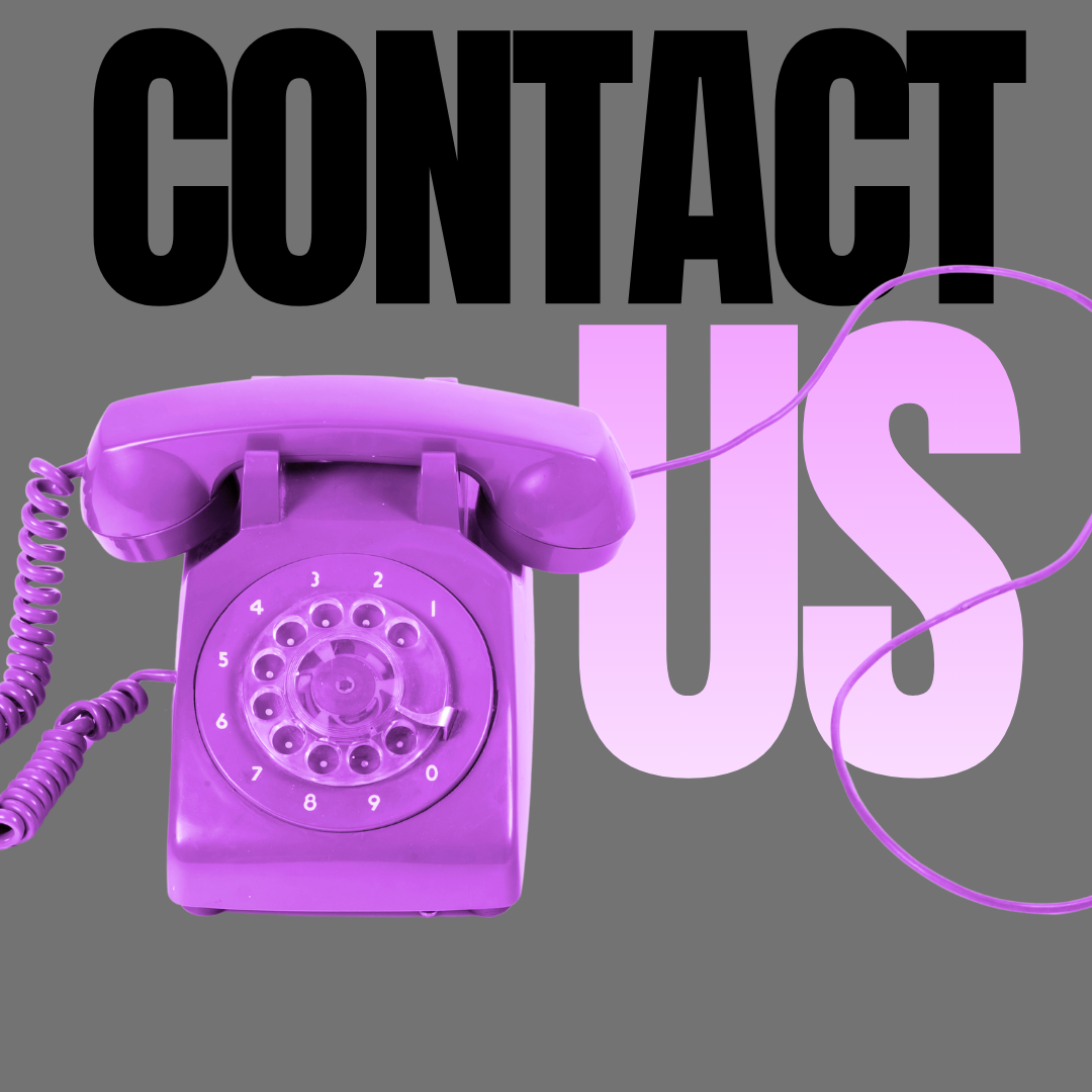 A purple vintage rotary telephone with a coiled cord, placed in front of a background with large black and light purple text saying "CONTACT US" on a gray background.
