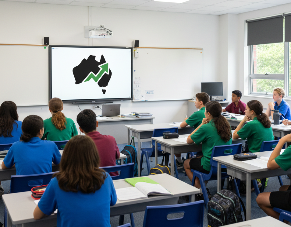A classroom with students seated at desks, facing a whiteboard and large screen displaying an Australia-shaped graphic with an upward trending arrow. Students are wearing blue, green, and maroon uniforms, and the room has large windows with blinds and natural light.