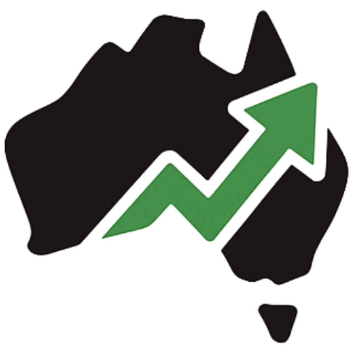 A stylized map of Australia with a green upward trending arrow overlaid, symbolizing growth or progress.