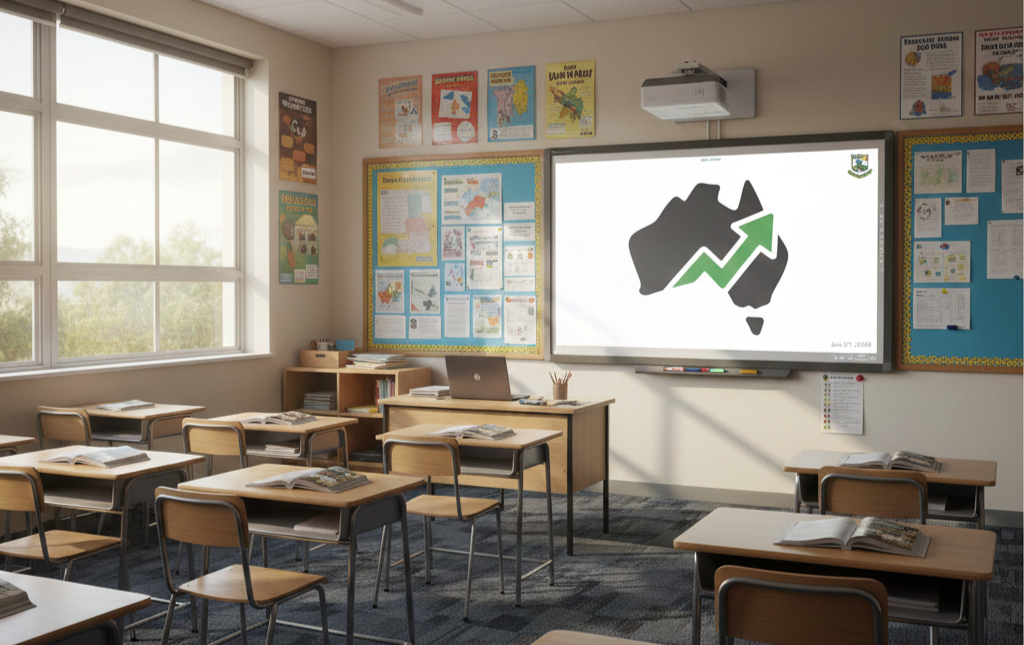 Empty classroom with desks and chairs, open books on each desk, large windows on the left, bulletin boards with colorful posters on the walls, and a digital whiteboard displaying an outline of Australia with an upward trending chart line.