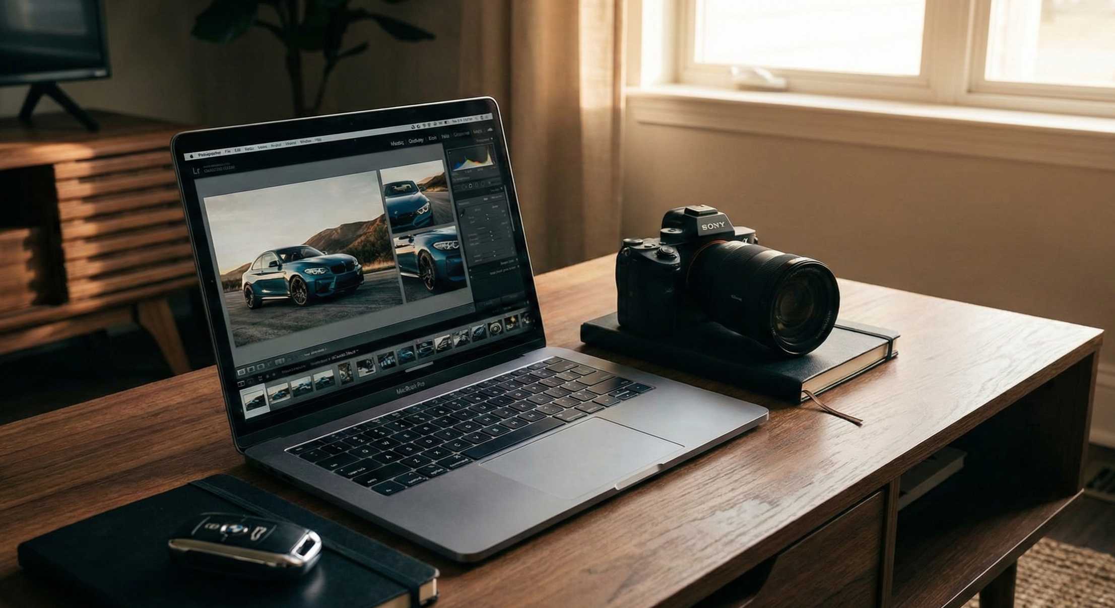 Un ordinateur portable sur un bureau avec une photo de voiture affichée à l'écran, à côté d'un appareil photo Sony posé sur un livre, dans une pièce avec une fenêtre donnant sur l'extérieur.