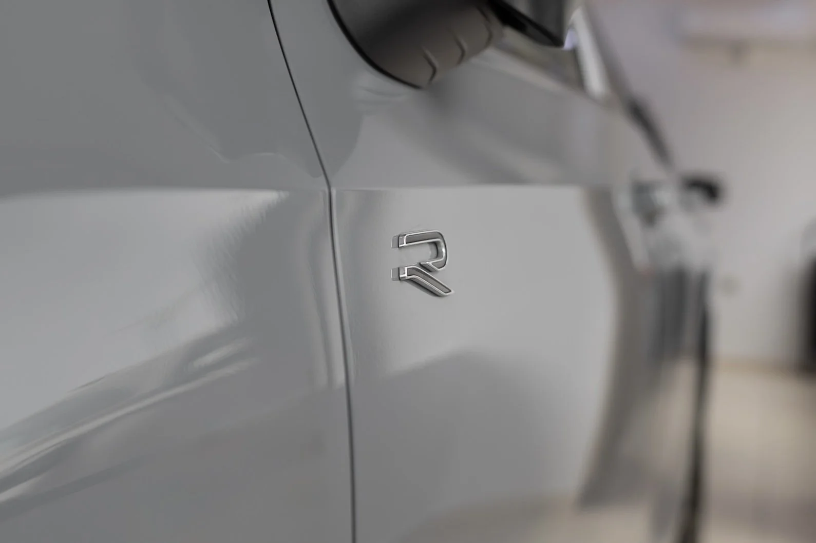 Close-up of a silver car door with the letter 'R' badge.