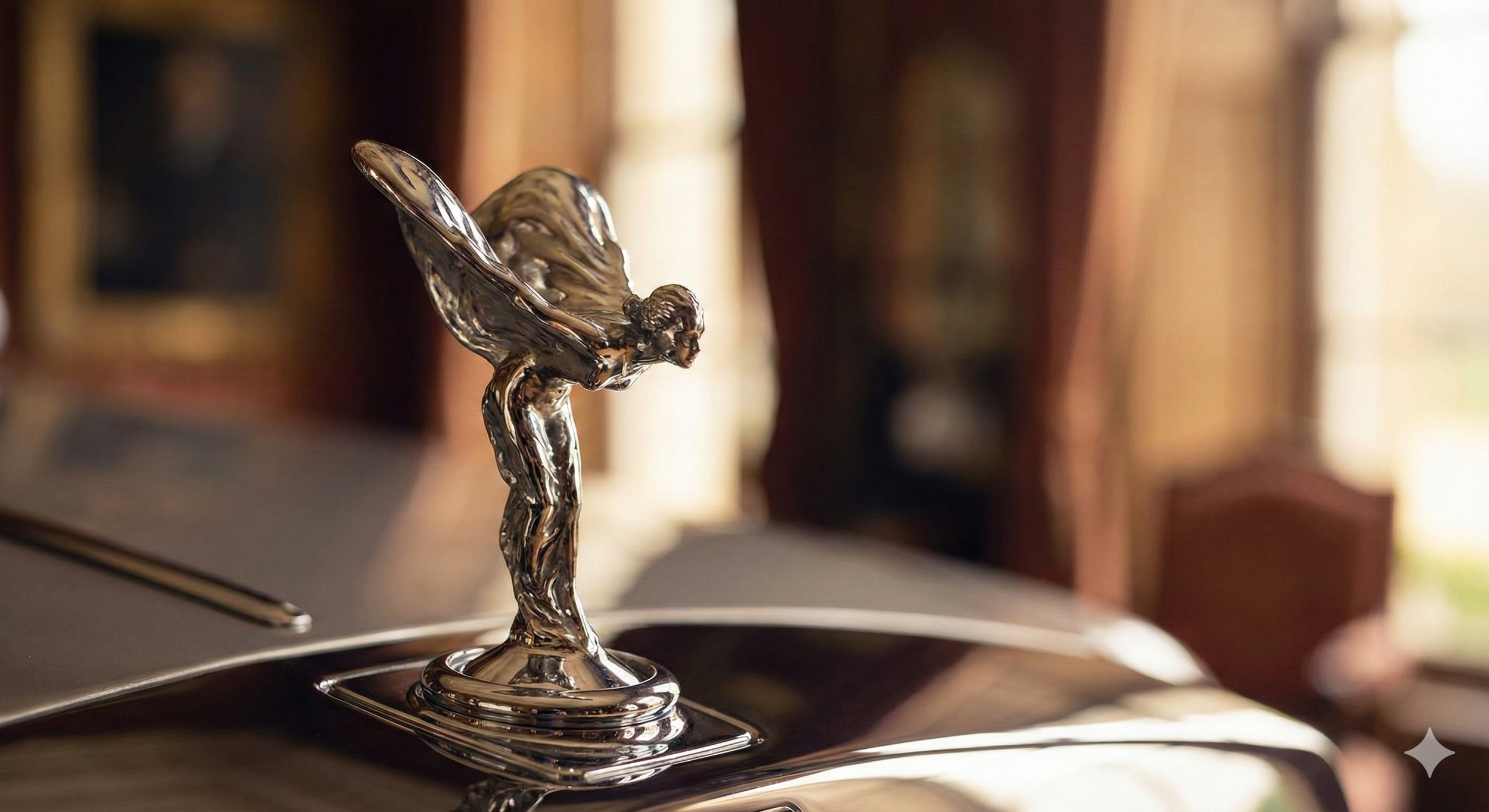 Close-up of a silver car hood ornament depicting a woman with wings, possibly a fairy or angel figure.