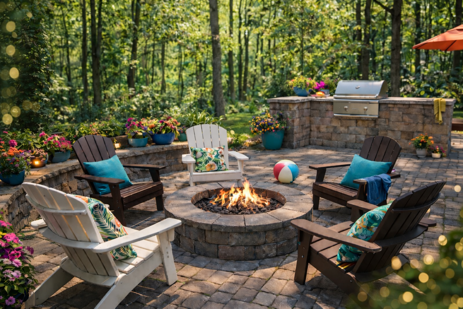 A cozy backyard patio with a fire pit surrounded by wooden and Adirondack chairs, colorful pillows, potted plants, and a built-in grill, set in a lush wooded area.