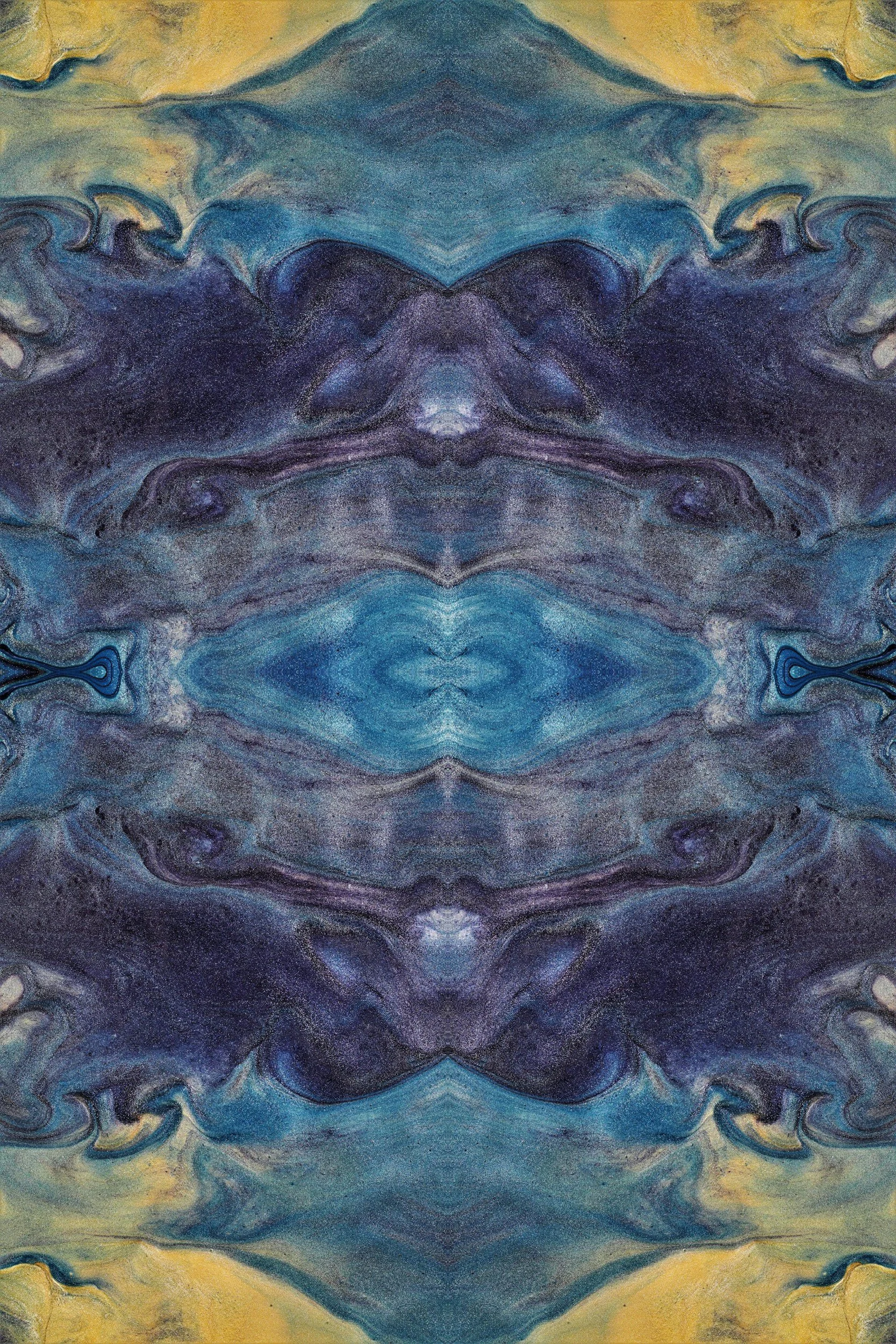 A symmetrical abstract painting with swirling shades of blue, purple, yellow, and black.