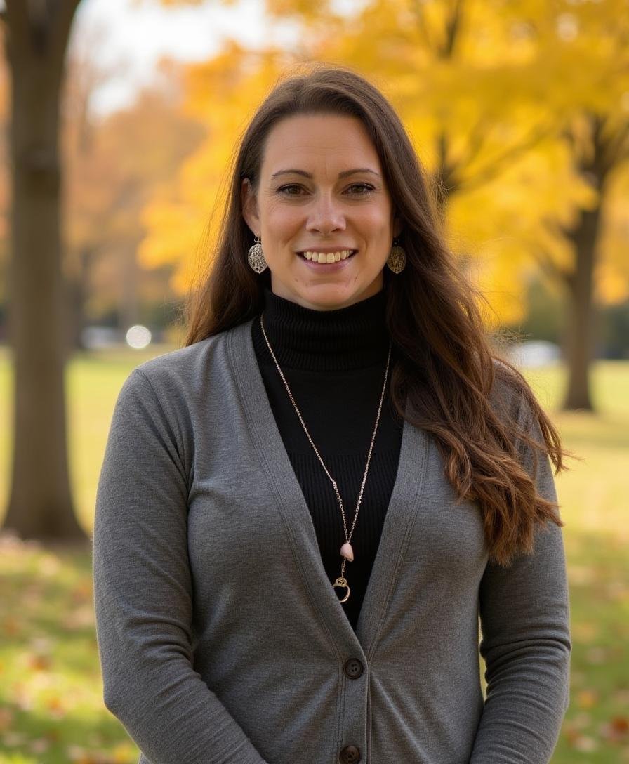 A woman with long brown hair, smiling, standing outdoors in a park with autumn-colored leaves in the background.