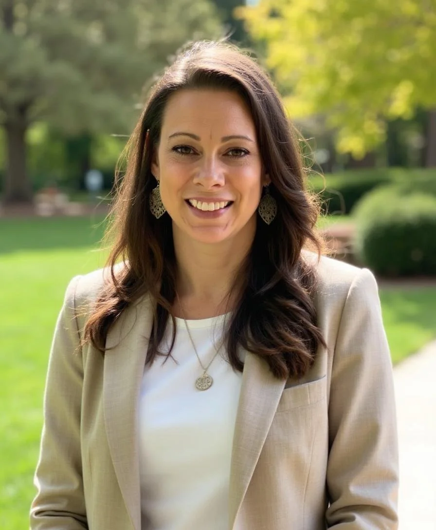A woman with long, dark brown hair smiling outdoors in a park or garden, wearing a light beige blazer, white shirt, and silver jewelry, with greenery in the background.