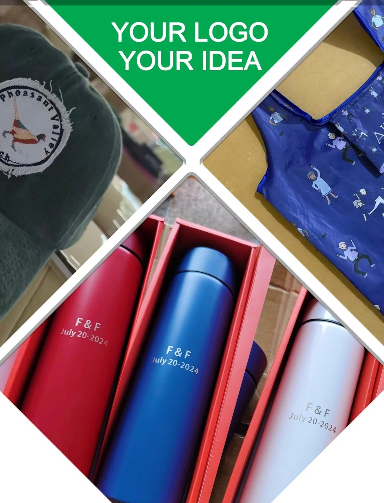 Collage of three photos with a green banner at the top reading 'Your Logo Your Idea'. The first photo shows a close-up of a green cap with a logo of a dog and the words 'Phezait'. The second photo displays blue printed gift bags with cartoon characters on a yellow surface. The third photo features three personalized thermos bottles in red, blue, and silver with the initials 'F & F' and date 'July 20-2024' inside red packaging.