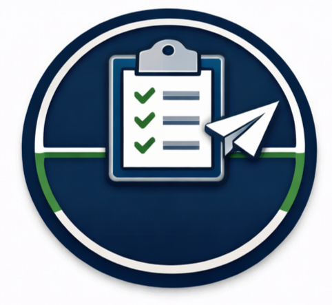 A circular icon with a clipboard showing a checklist and a paper plane, symbolizing tasks and communication.