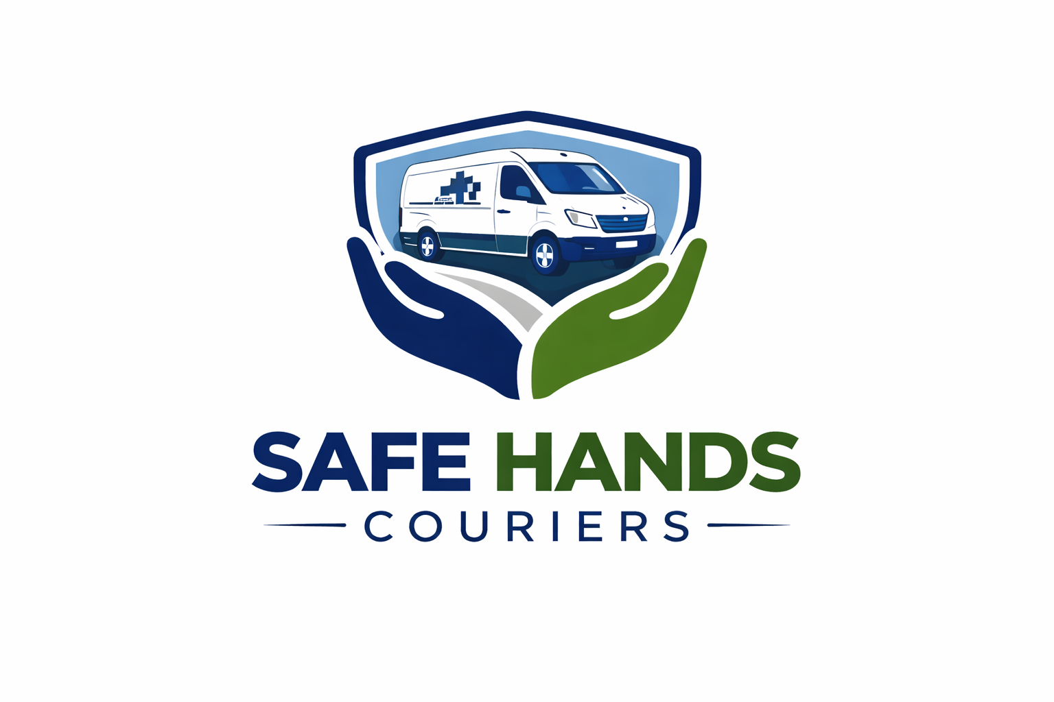 A logo with a hand holding a shield that contains a white delivery van with medical symbols. The text below reads 'SAFE HANDS COURIERS' with 'SAFE' and 'COURIERS' in blue and 'HANDS' in green.