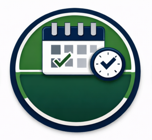 Icon of a calendar with a checkmark and a clock indicating scheduled or completed appointments.