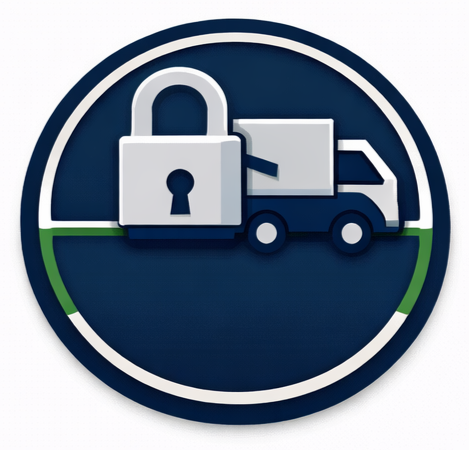 A logo with a lock and a delivery truck inside a circular border.