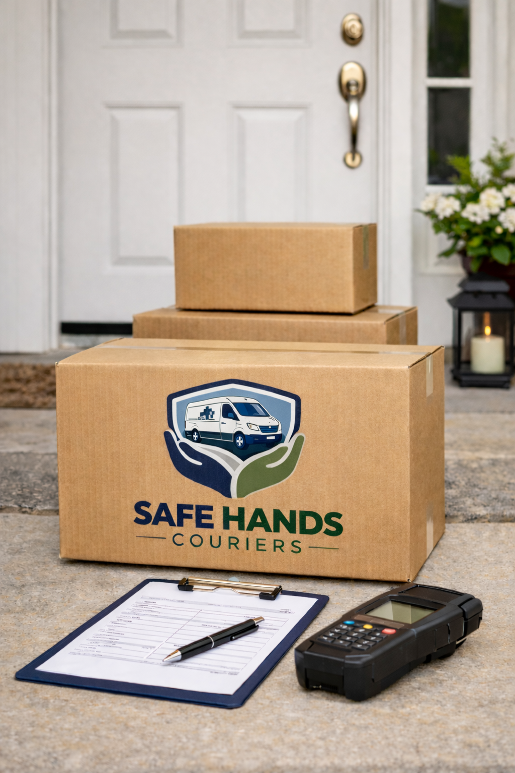A delivery scene featuring a cardboard box labeled 'Safe Hands Couriers' with a logo of a van and hands, placed outside a front door. Nearby are two other boxes, a clipboard with a pen, and a handheld device. In the background, there is a white door with a gold handle, a potted plant with white flowers, and a lantern with a candle.