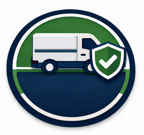 Icon of a delivery van with a shield and checkmark, symbolizing vehicle security or safety.