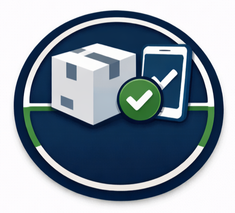 A package with a check mark next to a mobile phone inside a circular badge.