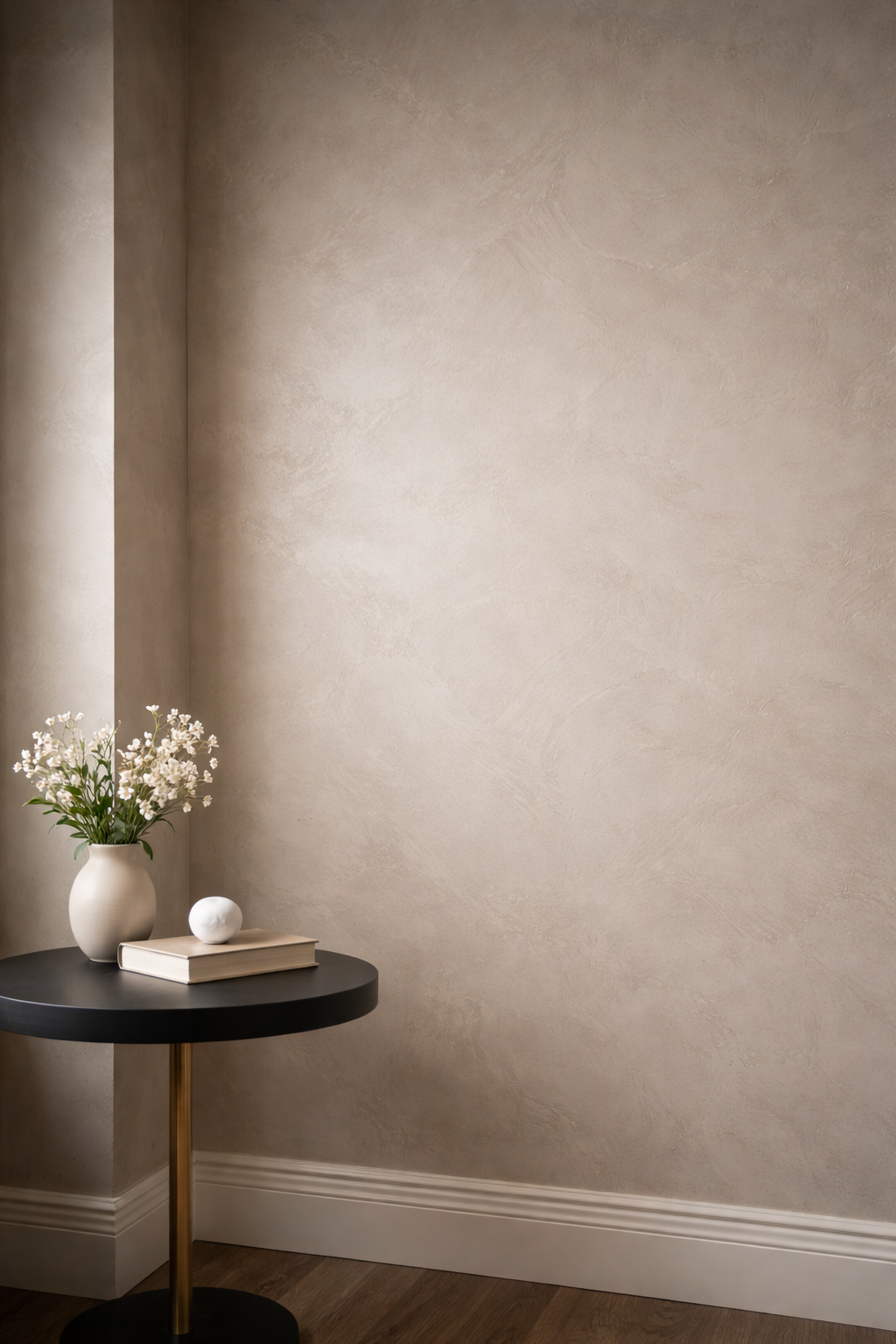 A round black side table with a gold support pole, placed against a textured beige wall. On the table, there is a white ceramic vase filled with white flowers, a closed book, and a round white decorative object.