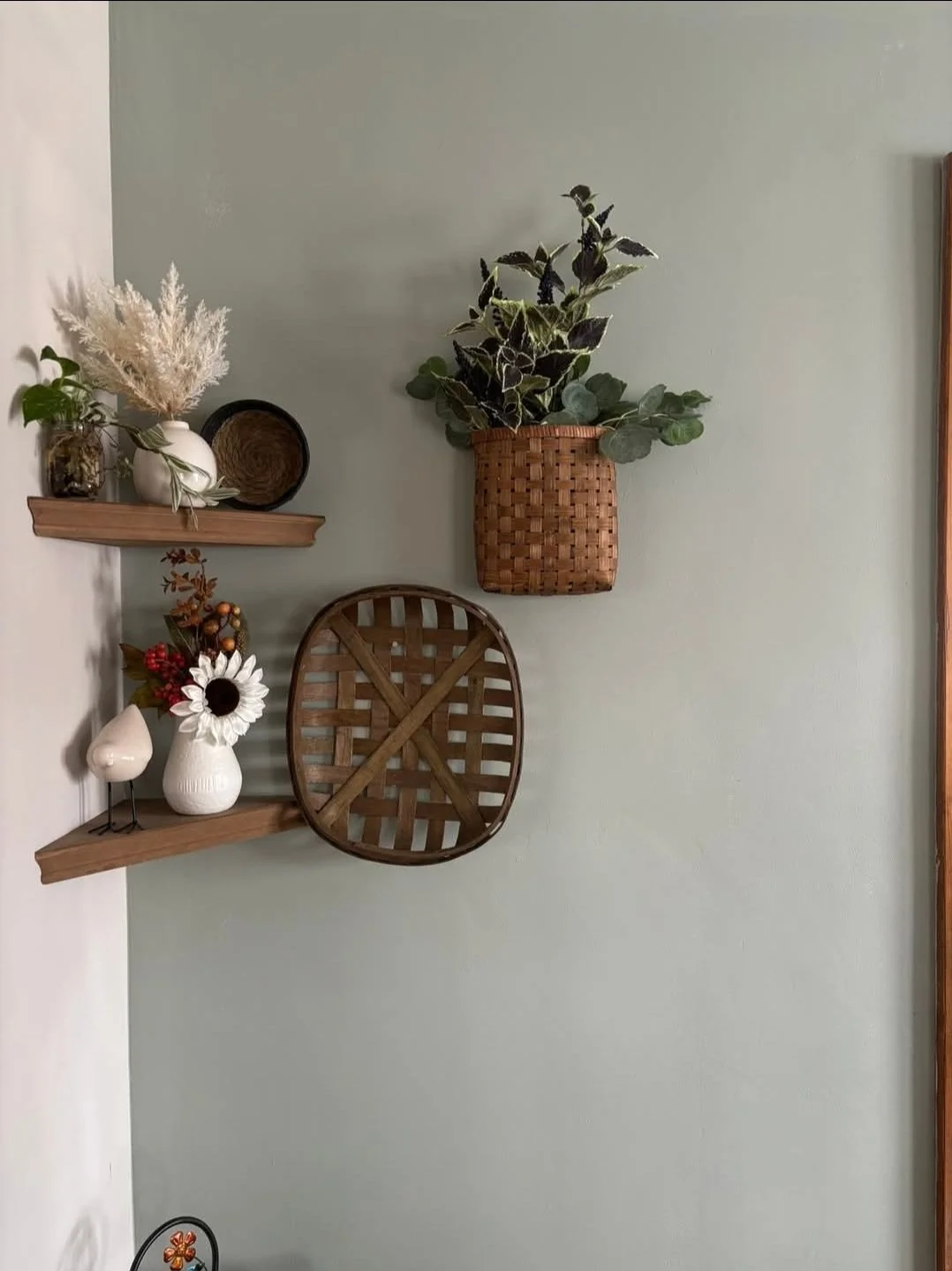 Decorative wall with two wooden shelves holding vases with dried flowers and greenery, and a woven wall basket with a plant.