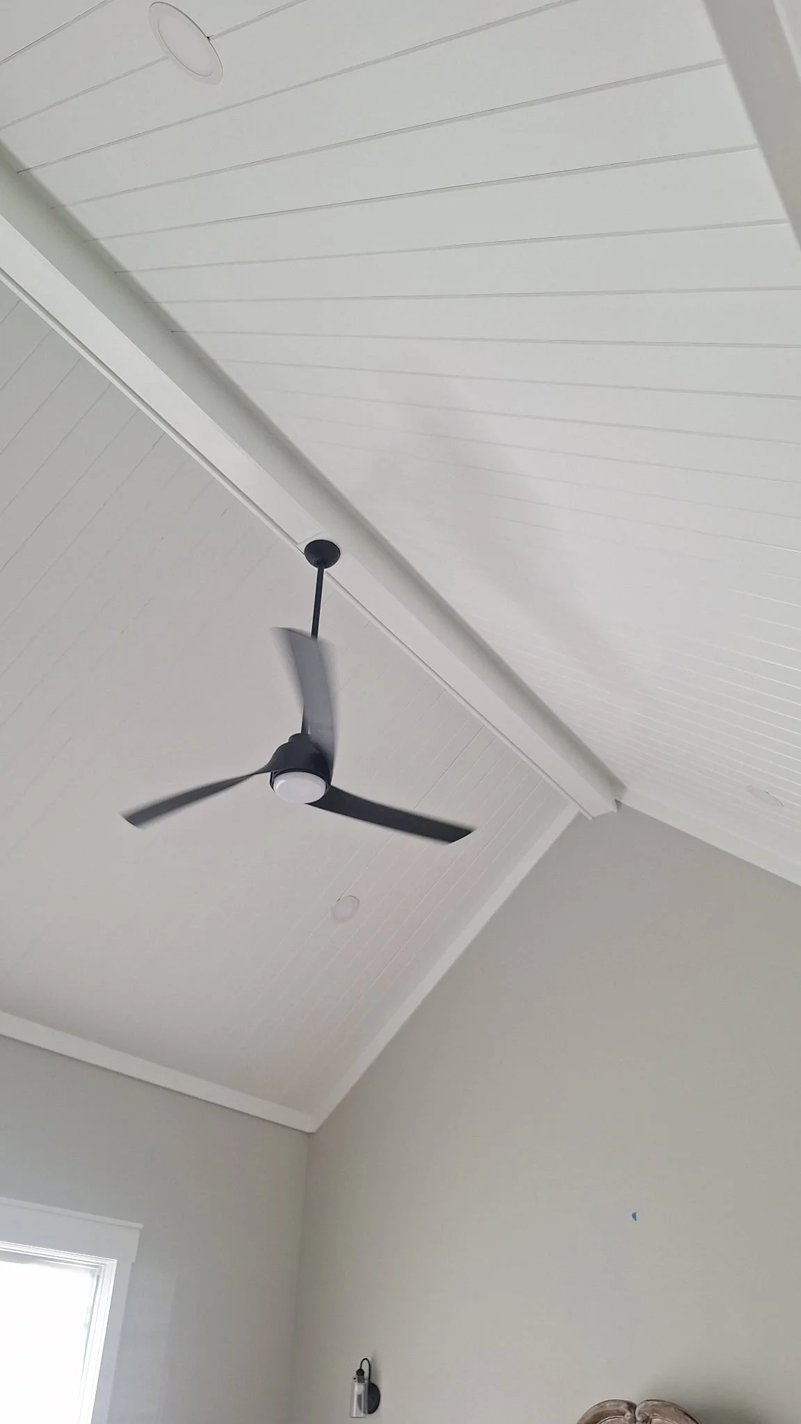 Ceiling with white beadboard paneling, a modern ceiling fan with black blades, and a small circular light fixture.