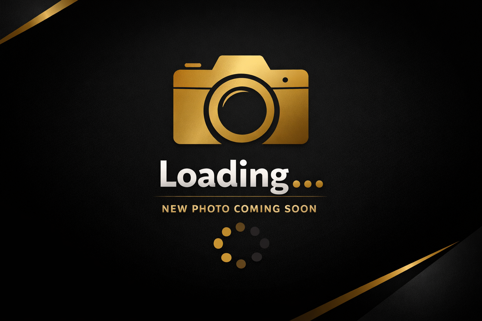 Black background with a gold camera icon at the top center. Below, the word "Loading" in large white font with three orange dots. Underneath, text in gold reading "New photo coming soon," with a gold loading circle below.