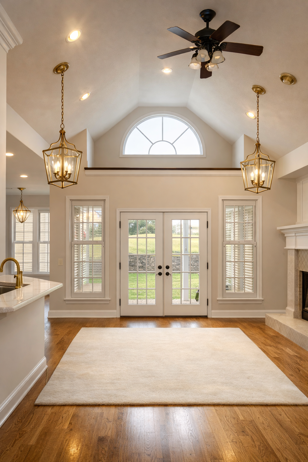 Bright living room with French doors leading outside, large window with a semi-circle top, and hardwood floors. Two hanging lantern-style pendant lights and a ceiling fan with lights are visible.