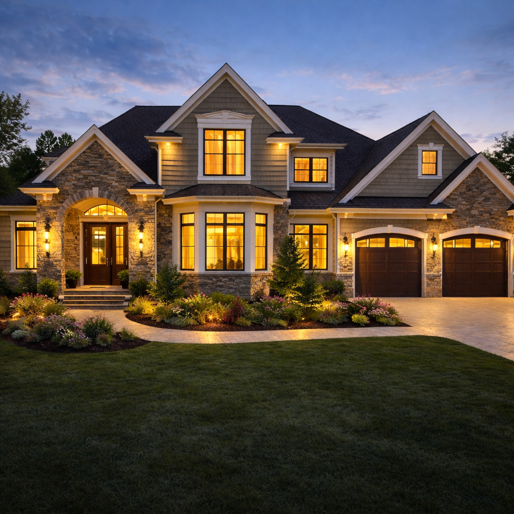 A large, elegant house illuminated with warm lights at dusk, featuring a stone and siding exterior, a well-maintained lawn, and landscaped garden.