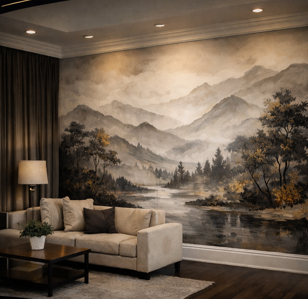 Living room with a large landscape mural of mountains, trees, and a river, beige sofa with pillows, floor lamp, and a small table with a potted plant.