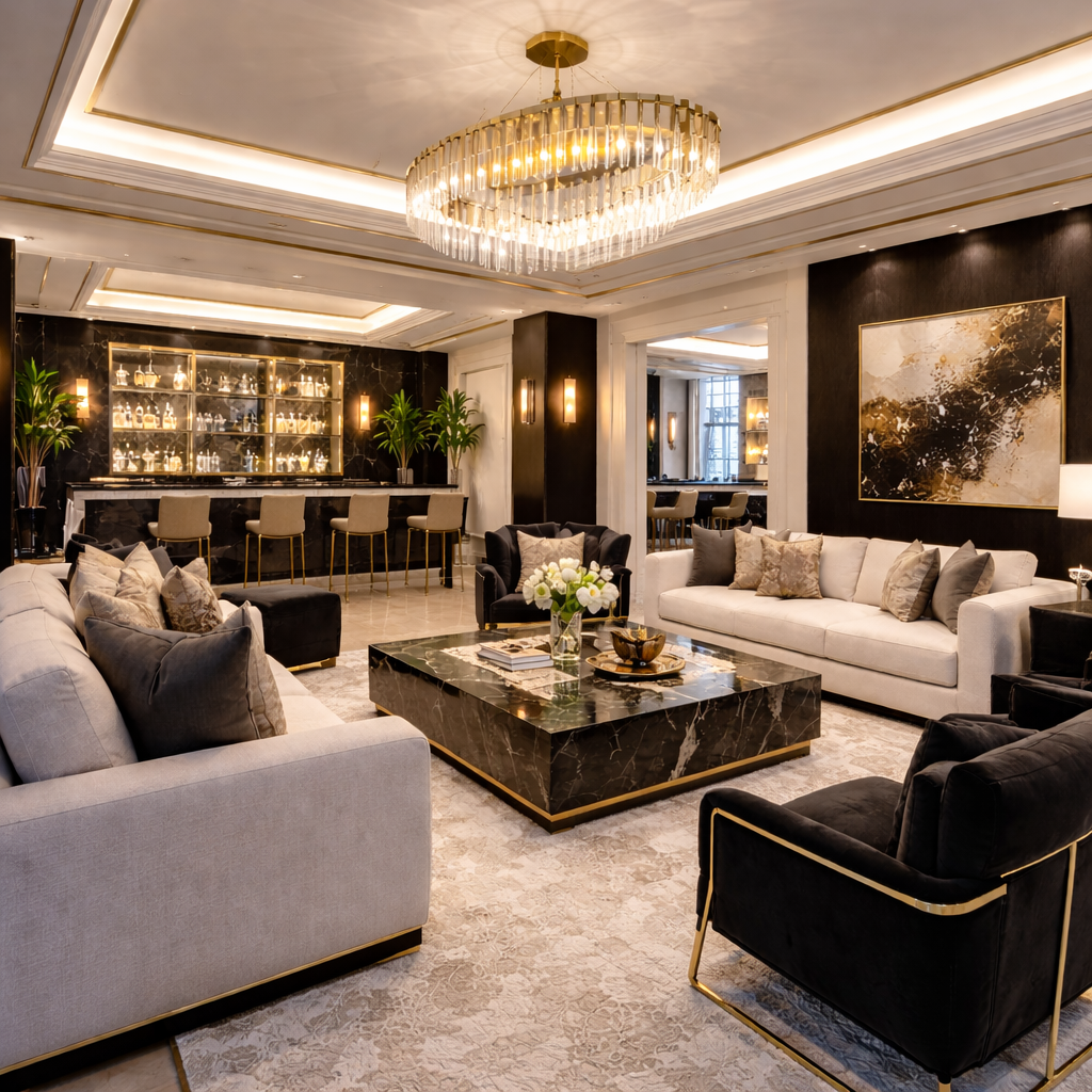 Elegant living room with beige and black sofas, a black marble coffee table with flowers and magazines, a gold chandelier, a bar area with beige stools, and modern artwork on the wall.