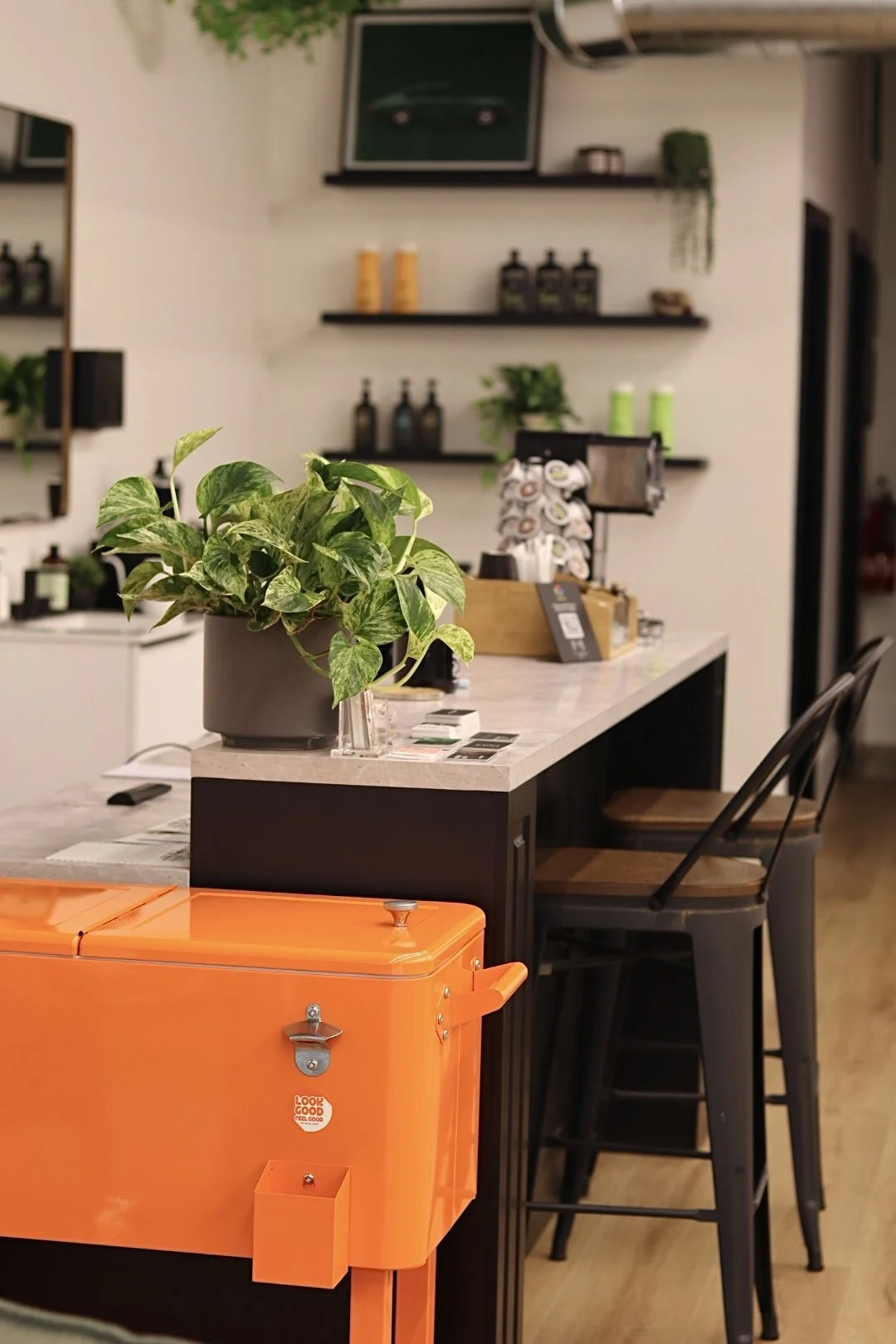 Interior of a coffee shop or cafe with a counter, chairs, and shelves with various items, plants, and a bright orange container in the foreground.