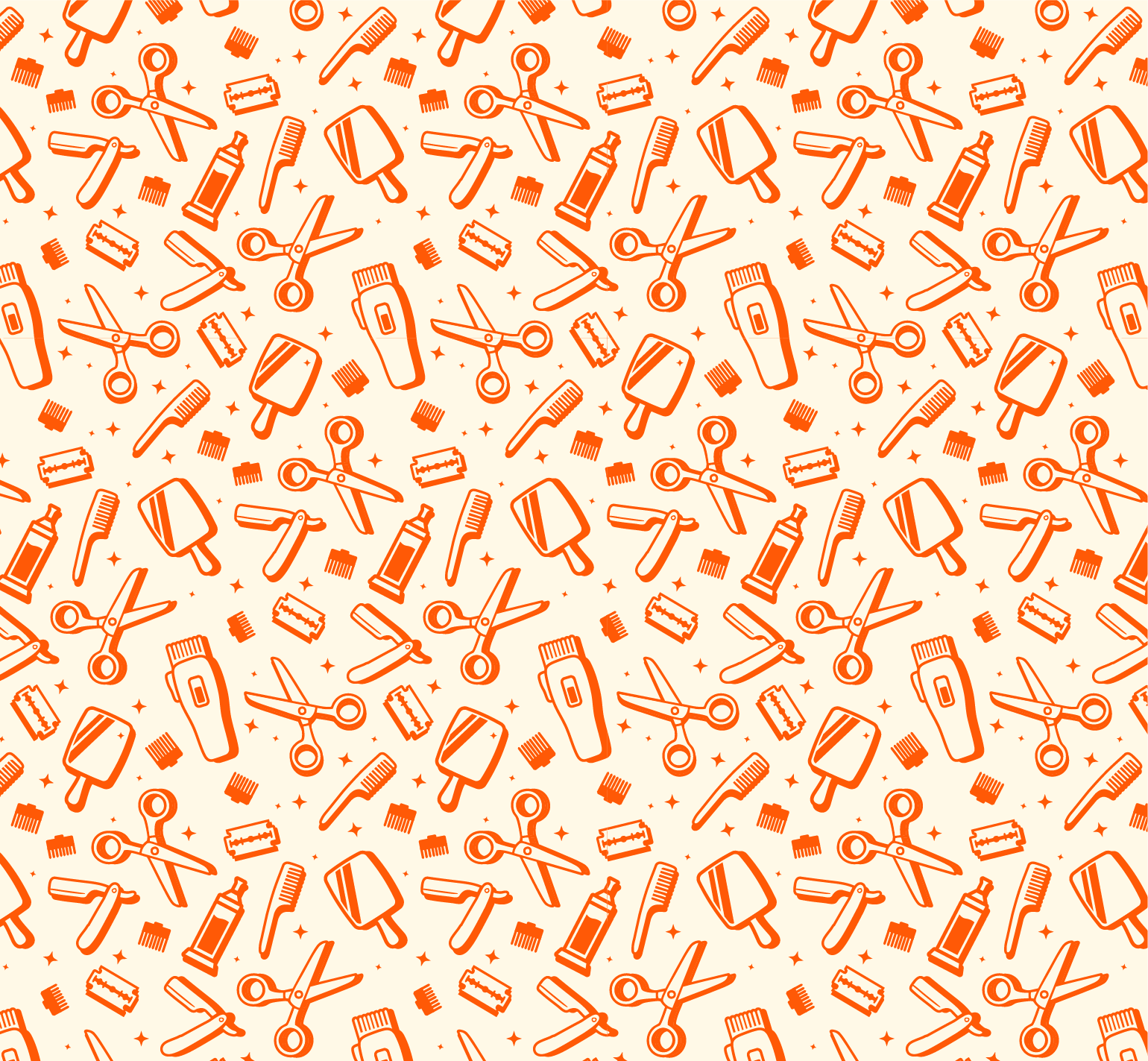 Seamless pattern with grooming tools including scissors, razors, toothbrushes, hair clippers, nail clippers, and combs, all in orange on a beige background.