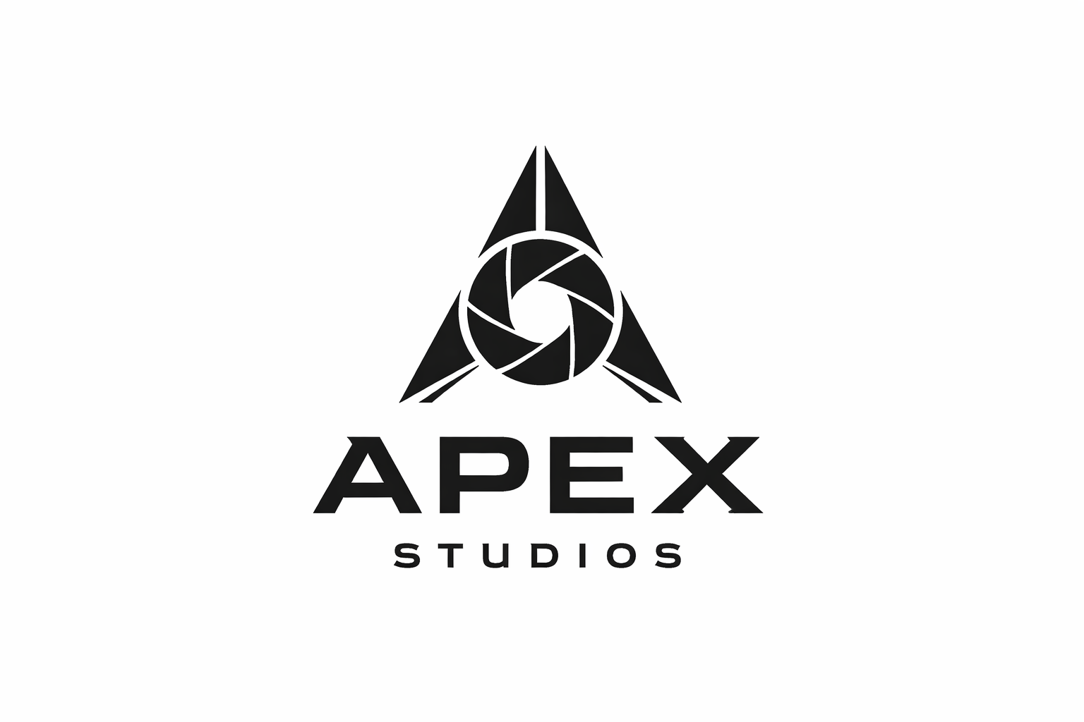 Black and white logo of Apex Studios featuring a stylized triangular geometric design resembling an arrow and a camera aperture, with the words 'APEX STUDIOS' below.