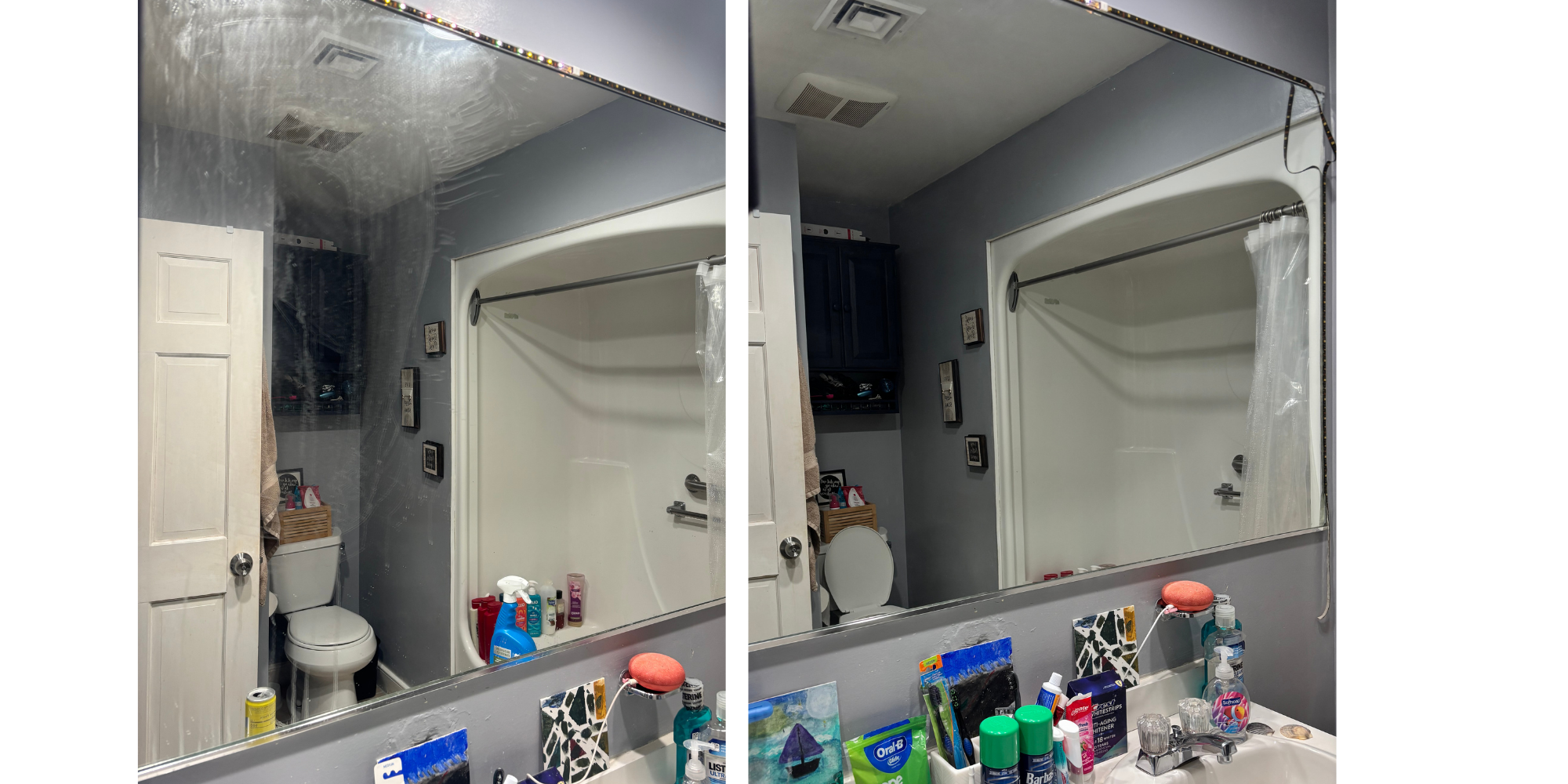 Bathroom mirror and sink before and after