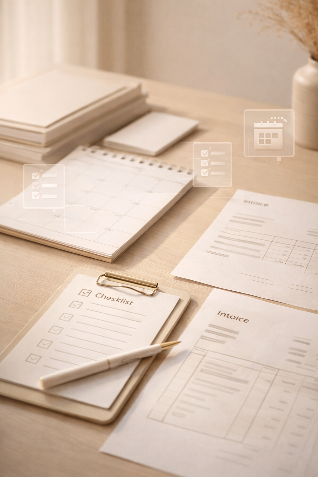 A desk with various paper documents, checklists, a pen, a calendar, and notebooks, with a neutral background.