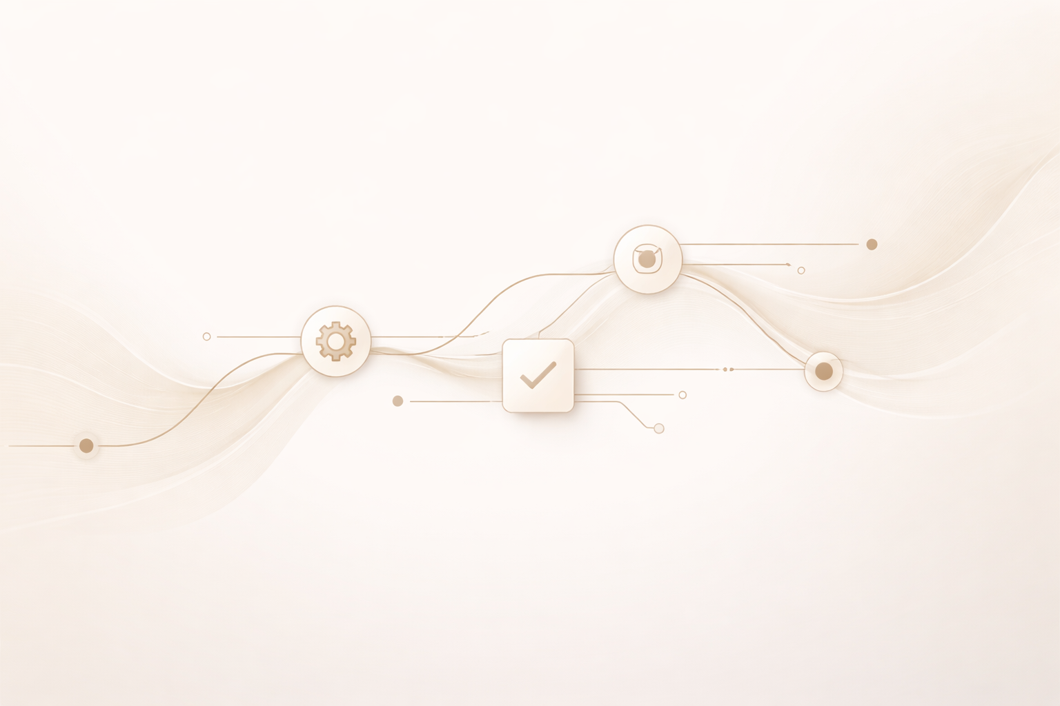 Abstract digital illustration with interconnected icons including a gear, a check mark, a camera, and a circle, on a light beige background with wave-like design elements.