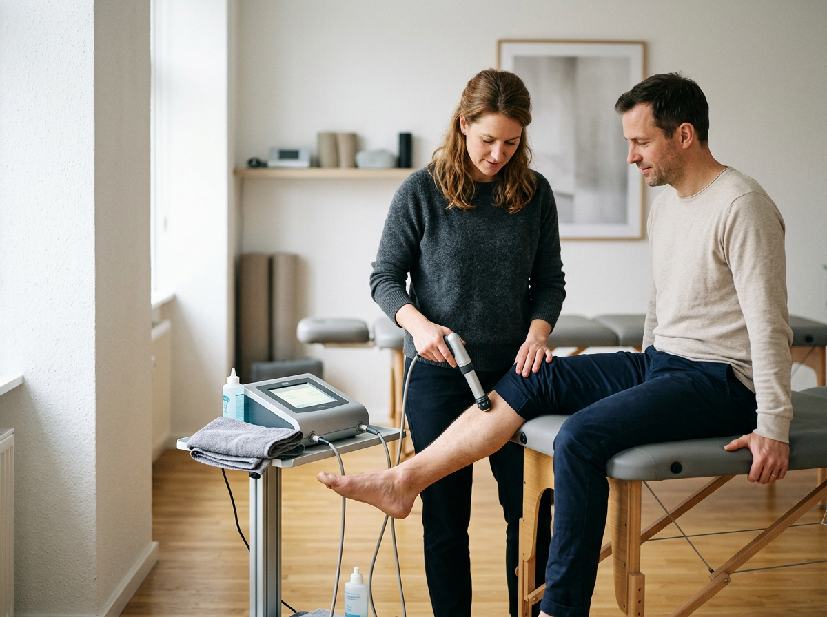 A woman undergoing physical therapy with a device on her leg while a man sits on a treatment table in a clinic.