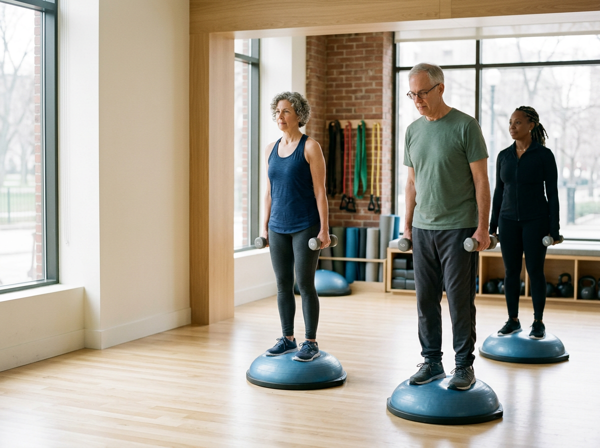 Three people exercising with dumbbells on balance trainers in a gym studio