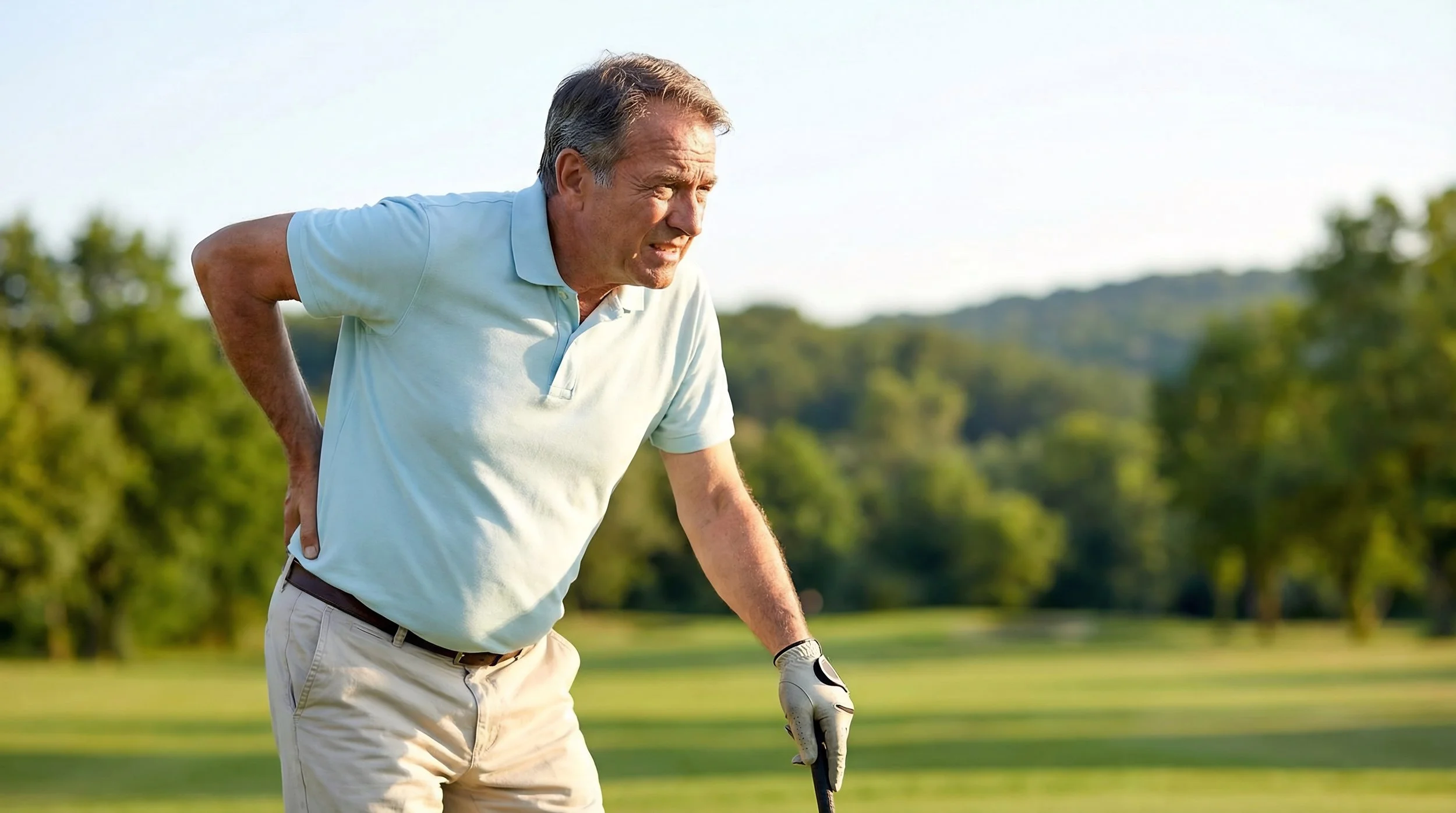An older man in casual golf attire, bending over on a golf course, wearing a light blue polo shirt, beige pants, and a golf glove on his left hand.