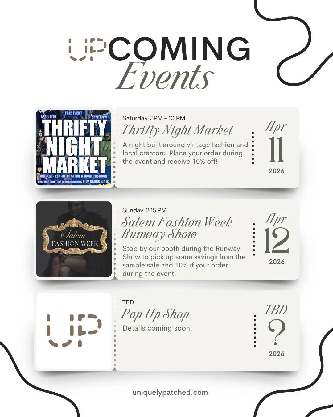 Come check us out at the @thriftynightmarket_ on Saturday and the @SalemFashionWeek on Sunday! Place an order at the event and get 10% off! You also get first dibs on the sample sale!

#UniquelyPatched #VintageSoul #UpcycledFashion #ThriftyNightMarke