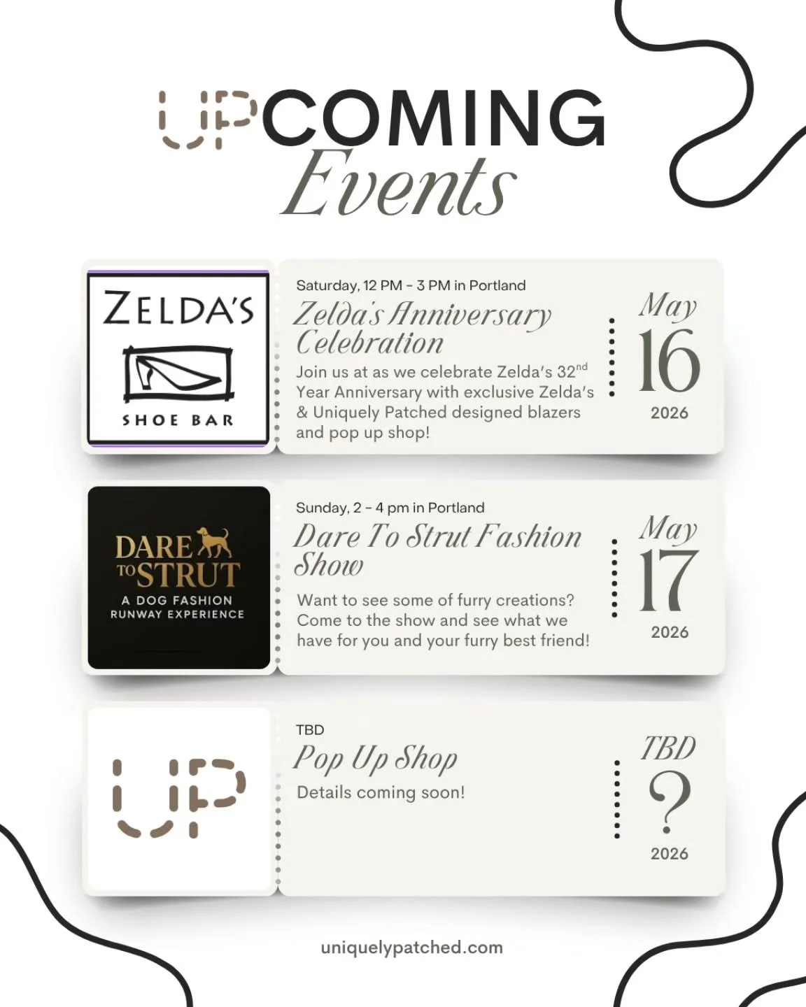Catch us at these upcoming events!

Saturday 5/16 - Pop up shop from 12-3. Come and check out specially designed blazers to celebrate @zeldaspdx 32nd Anniversary!!! We will have blazers on hand to create your custom piece too!

Sunday 5/17 - Get your